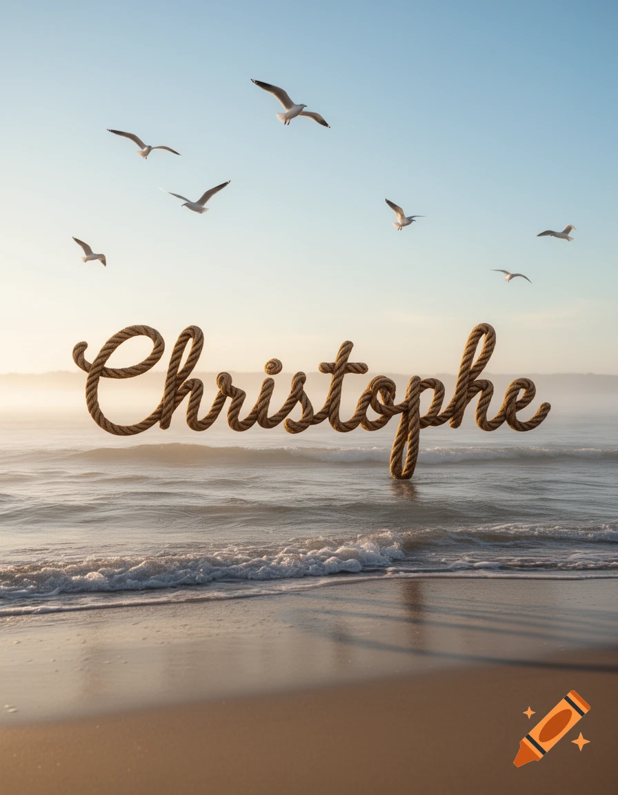 Rope spelling 'Christophe' on a sandy beach with ocean waves and seagulls flying under a clear sky.