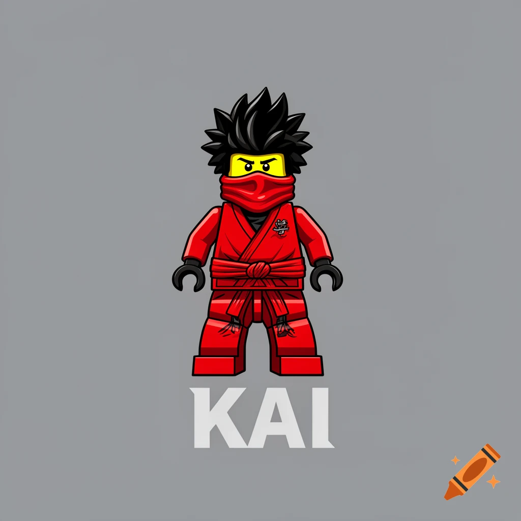 Lego Kai from Ninjago in a red ninja suit with black spiky hair and yellow face, with 'KAI' text below him on a gray background.