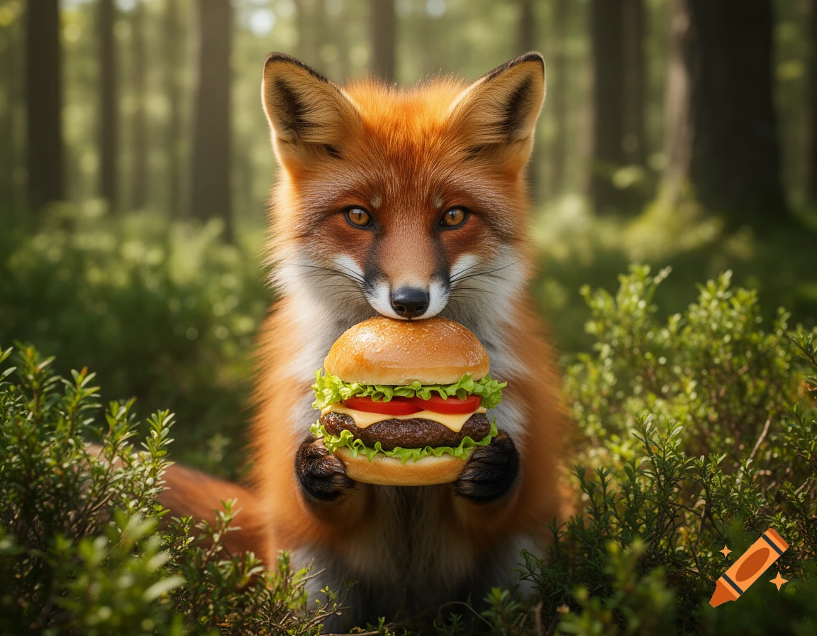 A photorealistic fox in a forest holds a hamburger with both paws.