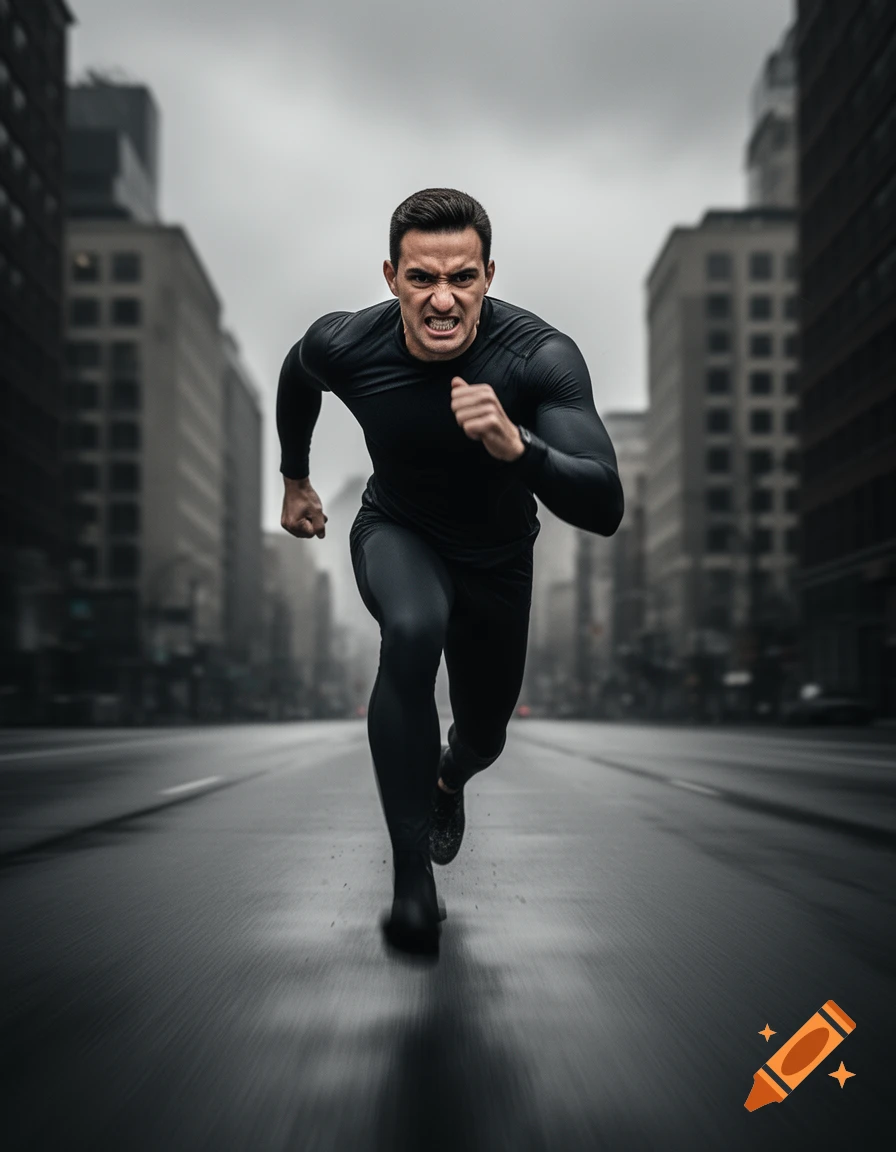 Muscular man in black athletic wear running aggressively on a wet city street with blurred buildings in the background.