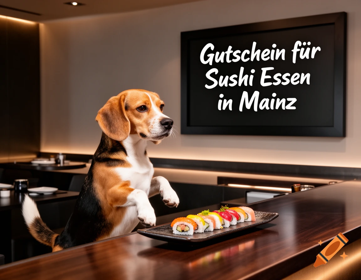 Photorealistic image of a beagle standing at a sushi bar with sushi, a sign reads 'Gutschein f sushi Essen in Mainz'.