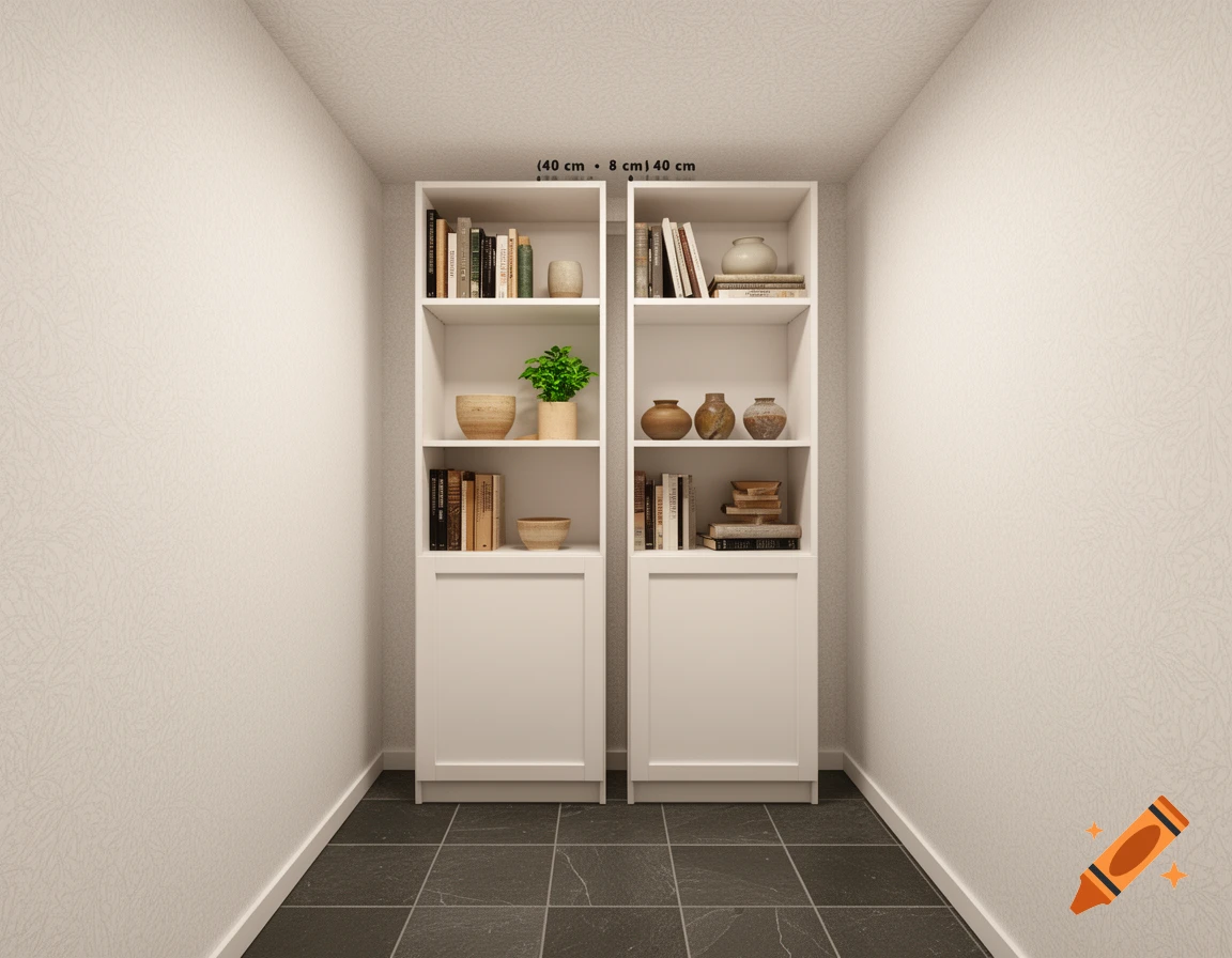 Two narrow white IKEA BILLY bookcases, each with a closed bottom door and an open middle shelf, stand side by side against a white textured wall with dark grey slate floor tiles.