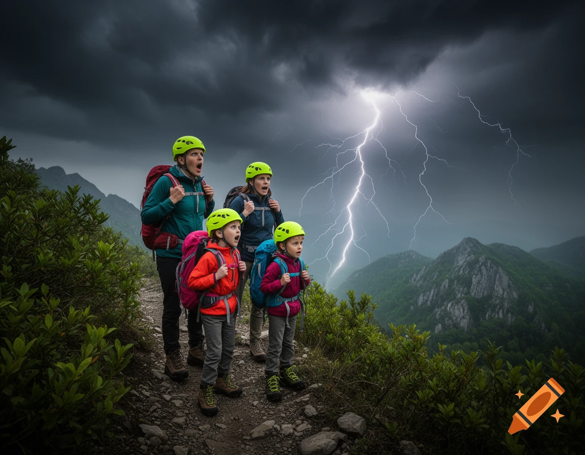 A family of four hikers, wearing helmets and backpacks, stands on a mountain trail looking up in alarm as lightning strikes in the stormy sky behind them.