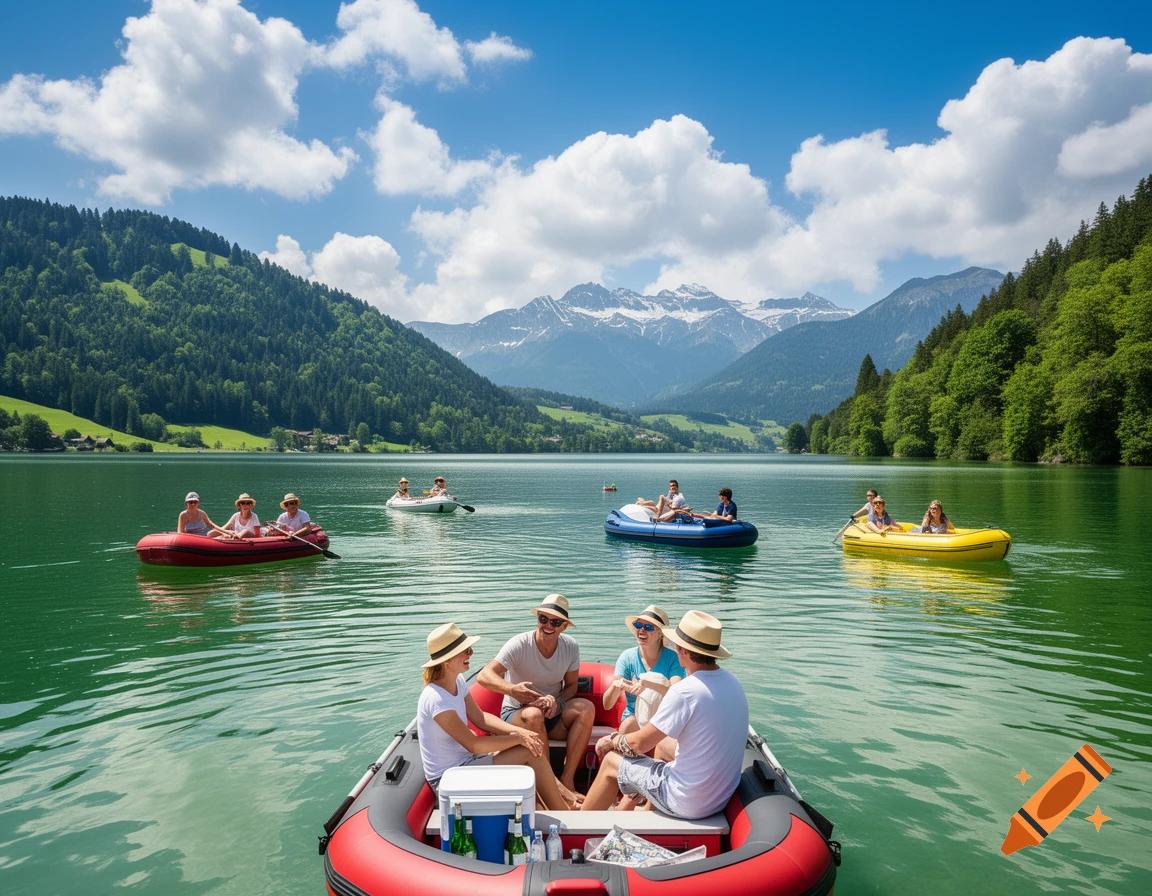 Photorealistic image of people in colorful inflatable boats on a green lake, surrounded by forested mountains and distant snow-capped peaks.