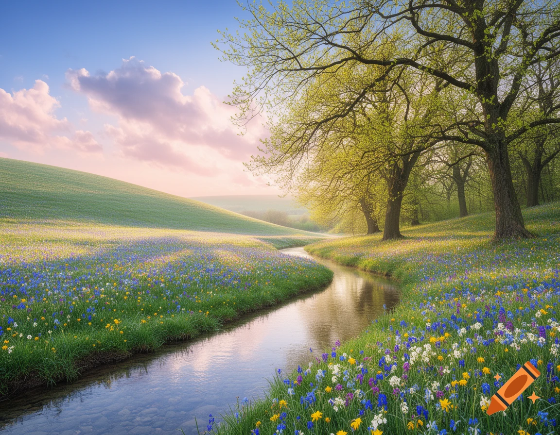 A winding stream flows through a vibrant spring landscape filled with colorful wildflowers, lush green trees, and a soft, pastel sky.