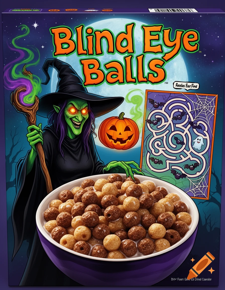 A Halloween-themed cereal box featuring a green-skinned witch with glowing eyes, a jack-o'-lantern, and a bowl of cereal puffs. The box title reads "Blind Eye Balls" in orange text, set against a dark blue sky with a large moon. A maze with bats and a ghost is on the side panel.