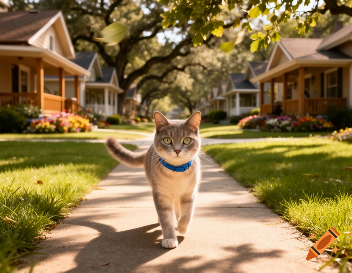 A grey and white cat with a blue collar walks down a sunny suburban sidewalk lined with houses and green lawns.