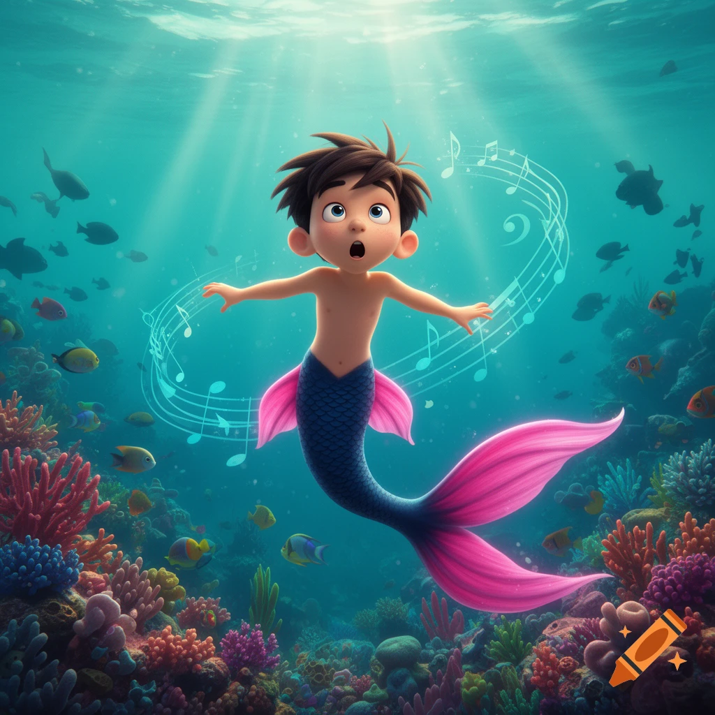A cartoon boy with a dark blue mermaid tail and pink fins sings underwater amidst a vibrant coral reef and fish.
