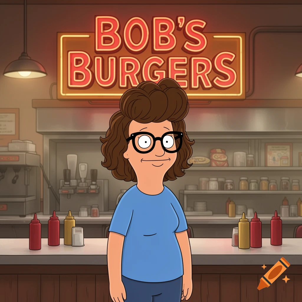 Tina Belcher from Bob's Burgers, a cartoon character with big glasses and brown hair, stands in front of a neon sign that reads "BOB'S BURGERS" in a diner setting.