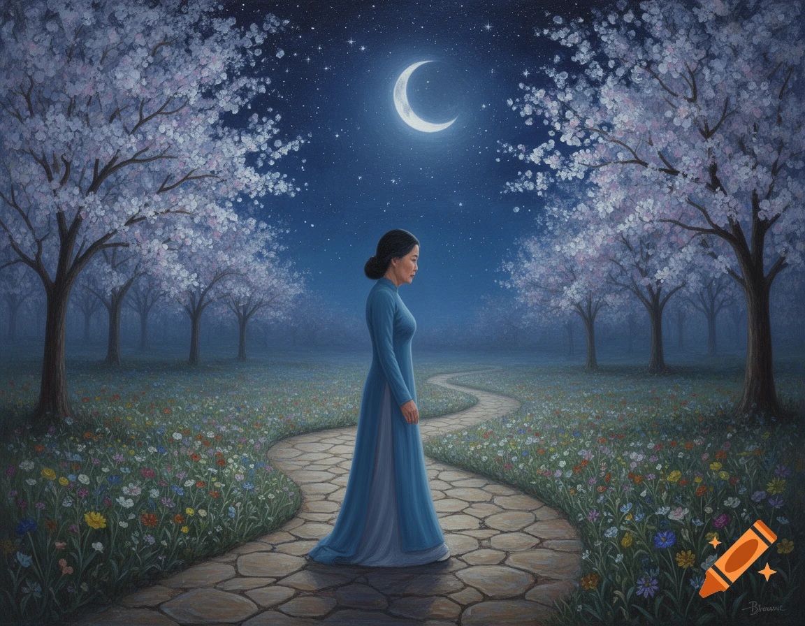 An oil painting of a melancholic Vietnamese woman in a blue Ao Dai walking a winding path through a moonlit field with wildflowers and blooming trees.