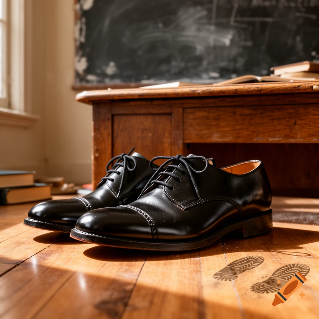 A pair of shiny black cap-toe oxford shoes sits on a wooden floor in a sunlit classroom, with a desk, books, and a blackboard in the background.