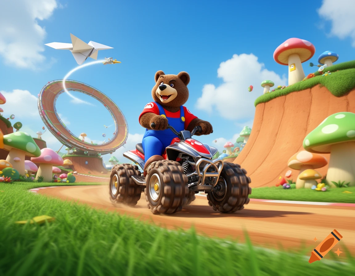 A cartoon bear in a Mario-like racing suit drives a quad on a colorful Mario Kart track with mushrooms and a loop-de-loop.