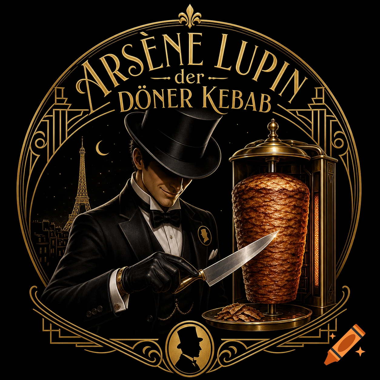 An Art Deco logo featuring a gentleman in a top hat cutting a döner kebab, with the Eiffel Tower in the background. Text: ARSÈNE LUPIN der DÖNER KEBAB.
