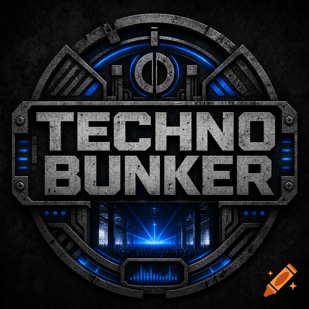 An industrial-style logo for 'Techno Bunker' with metallic textures, glowing blue lights, and a depiction of a crowd in a bunker.