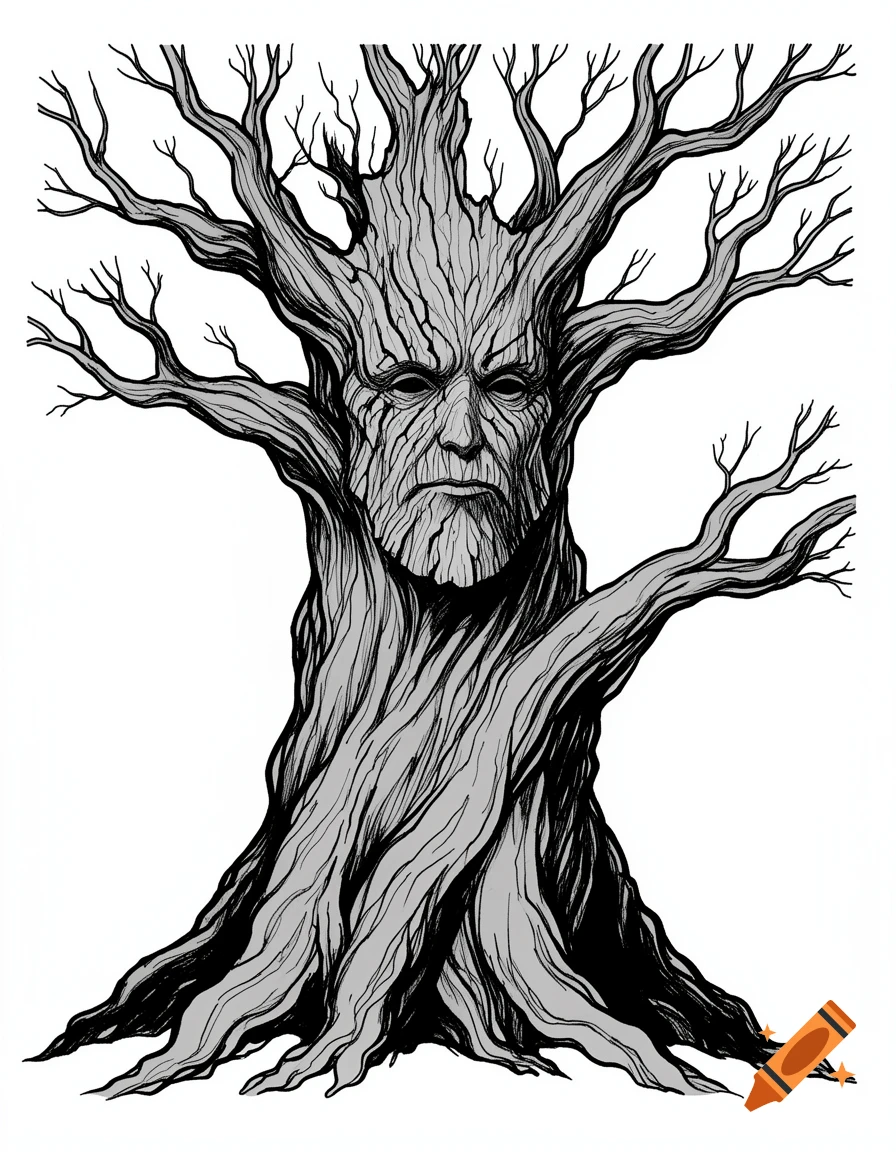 Black and white line art illustration of an ancient, wise-faced tree-man (ent) with a gnarled trunk and branches.