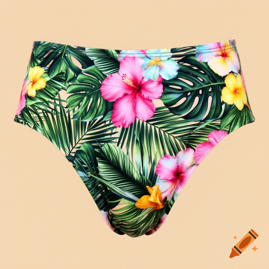 High-waisted bikini bottoms featuring a vibrant tropical pattern of green leaves and colorful hibiscus flowers on a light peach background.