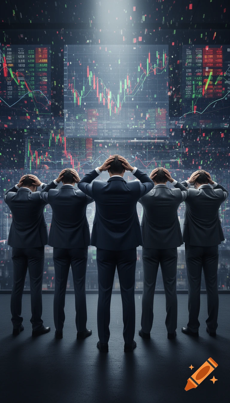 Rear view of five businessmen with hands on heads, facing a chaotic digital stock market chart, expressing frustration during an economic crisis.