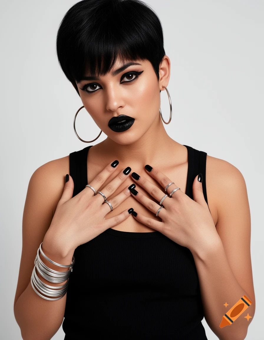 A woman with short black hair, black lipstick, and winged eyeliner wears a black tank top, silver hoop earrings, rings, and bangles, hands crossed on her chest.