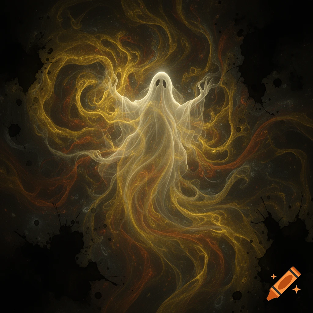 A glowing, translucent ghost with raised arms emerges from swirling golden and orange smoke against a dark, splattered background.