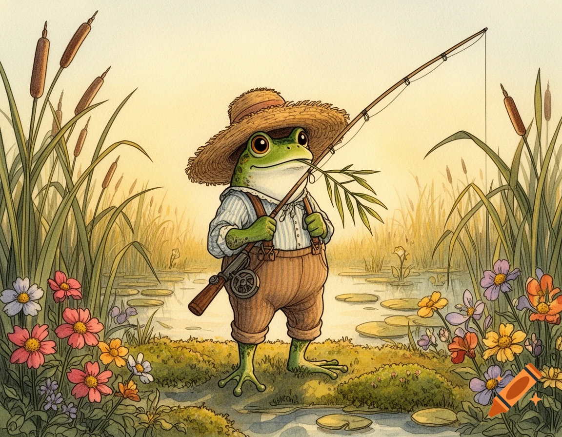 A whimsical watercolor illustration of an anthropomorphic frog in rustic clothes and a straw hat, holding a fishing rod in a peaceful marsh with reeds and wildflowers.