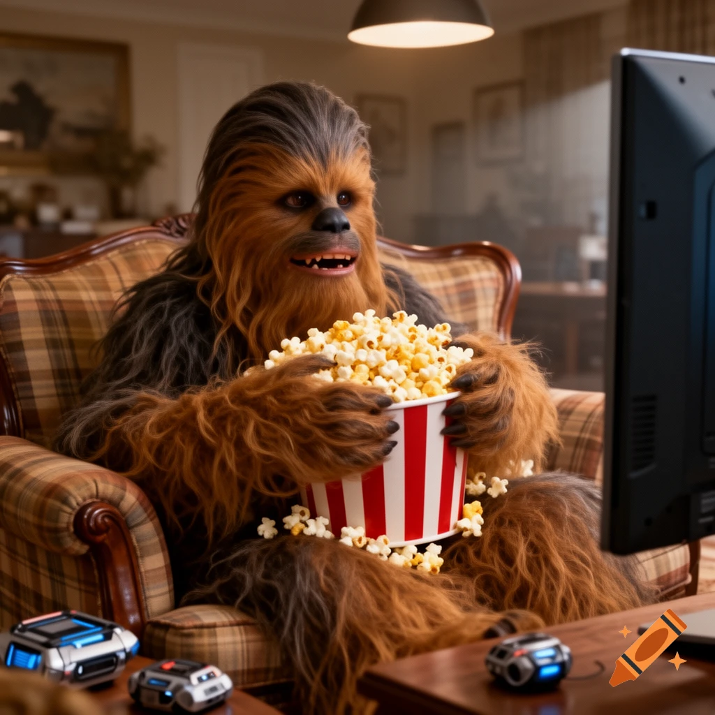 A photorealistic image of Chewbacca sitting in a plaid armchair, happily holding a large bucket of popcorn and looking towards a TV screen.