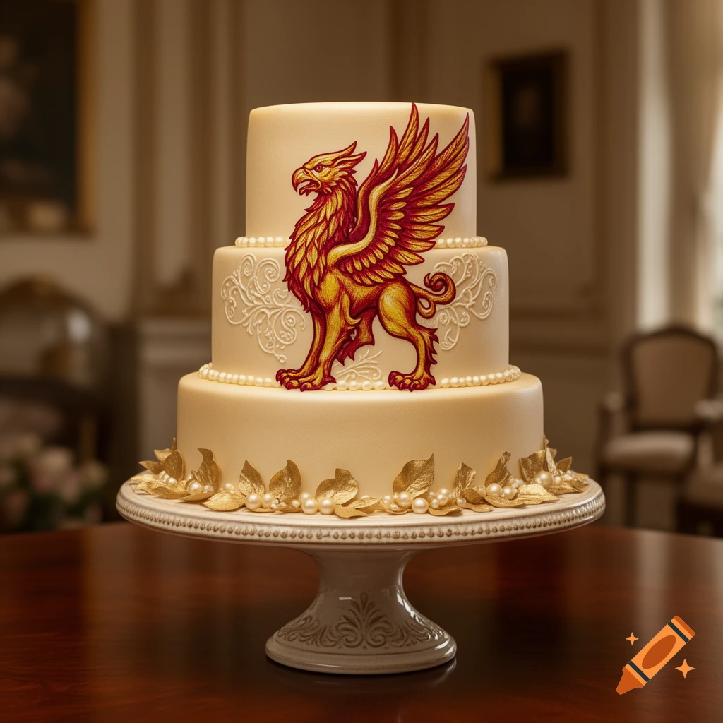 A grand three-tiered cream-colored cake adorned with a golden and red griffin, white lace patterns, pearls, and golden leaves on a decorative white pedestal.