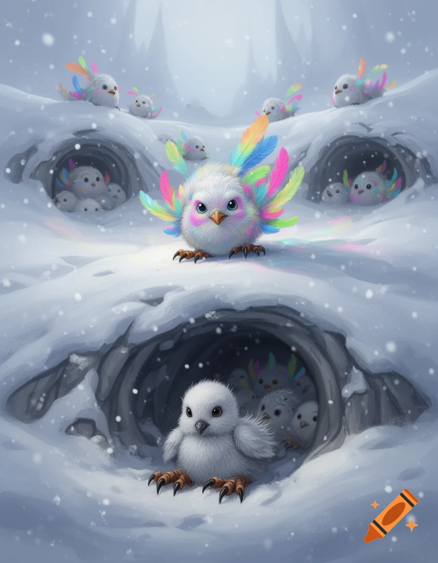 Fluffy white fantasy birds with rainbow feathers in a snowy landscape, some emerging from burrows, digital illustration.