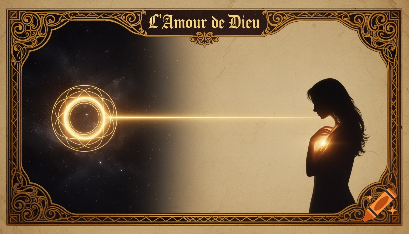 Golden framed image with a cosmic void, light beam, and a glowing woman's silhouette. Text "L'Amour de Dieu".