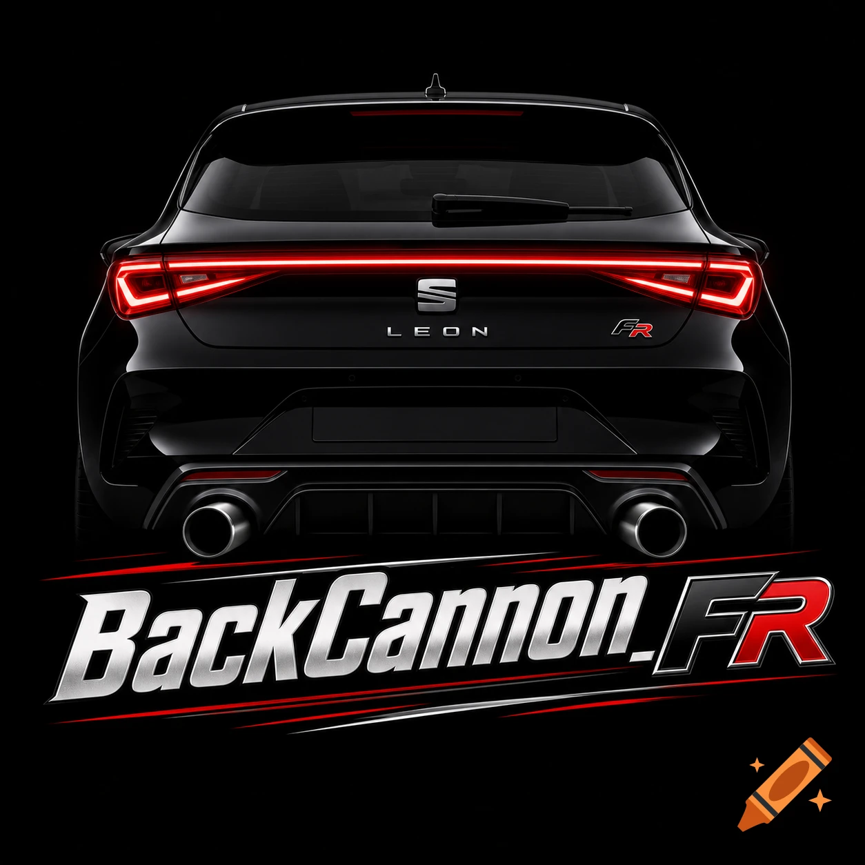 Rear view of a sleek black Seat Leon FR with glowing red taillights and dual exhaust, with a 'BackCannon_FR' logo below, all on a black background.