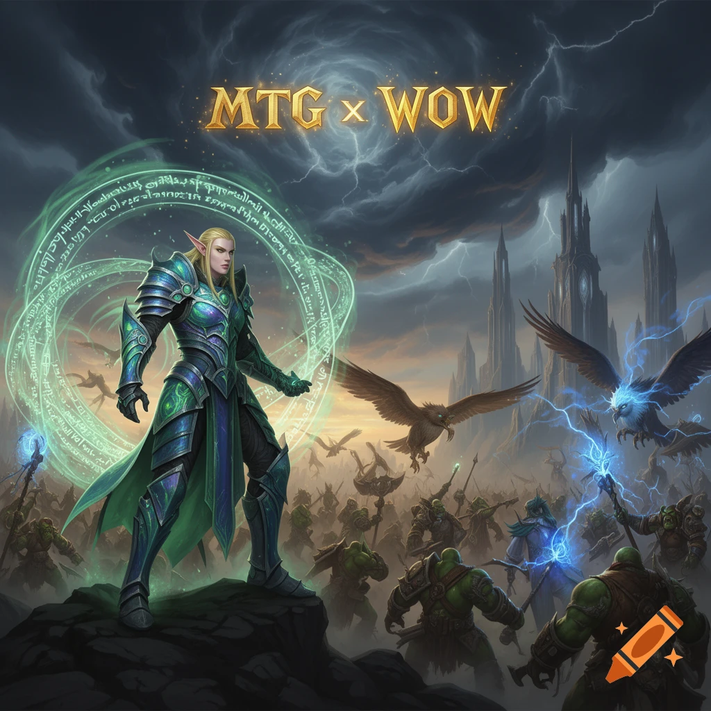 An armored elf stands on a rock, surrounded by glowing green magical runes, facing an army of orcs and flying eagles beneath a stormy sky with castles in the background.