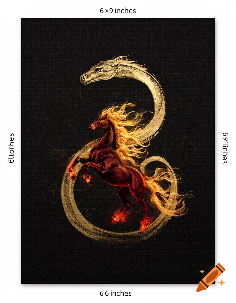 A rearing fiery horse with a golden mane, framed by a coiling golden serpent, on a dark background with subtle mathematical diagrams.