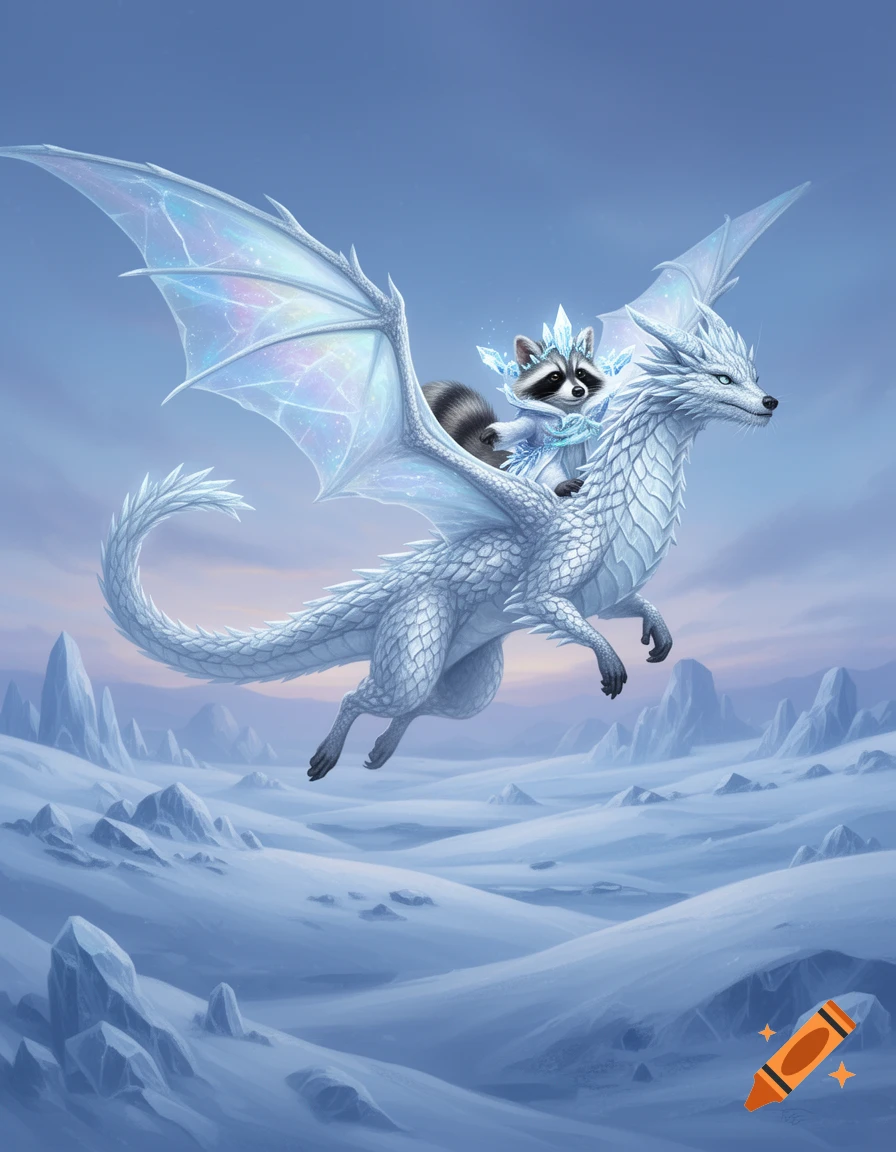 A cute raccoon ice magician with crystals rides an ice dragon, flying over a vast, snowy landscape under a clear blue sky.