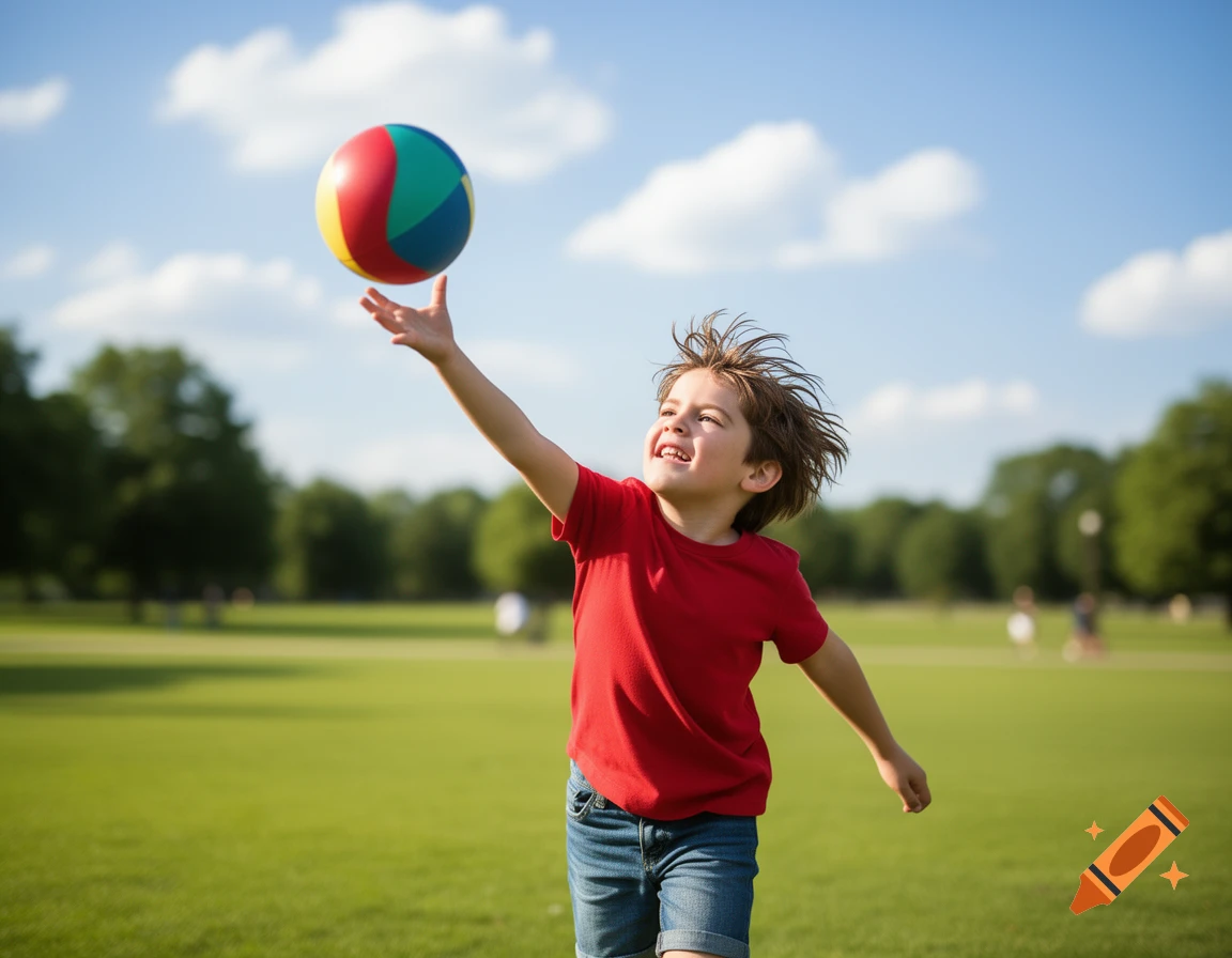 A happy child in a red shirt and denim shorts throws a colorful beach ball in a sunny green park under a blue sky.