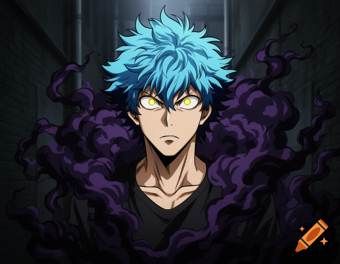 Intense adult male anime character with blue spiky hair and glowing yellow eyes, surrounded by dark purple smoke, in a gritty alleyway.