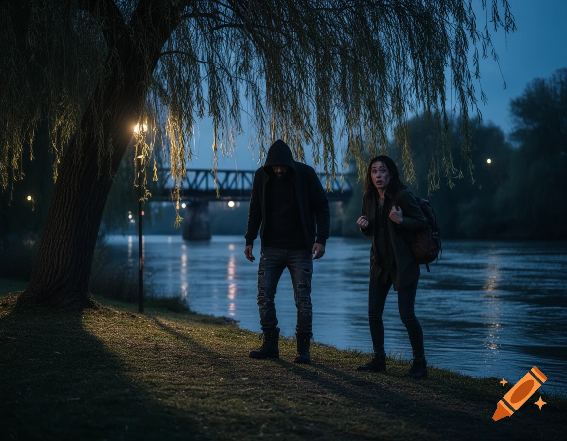 A man in a dark hoodie stands by a river at night with a frightened woman nearby, a bridge in the background.