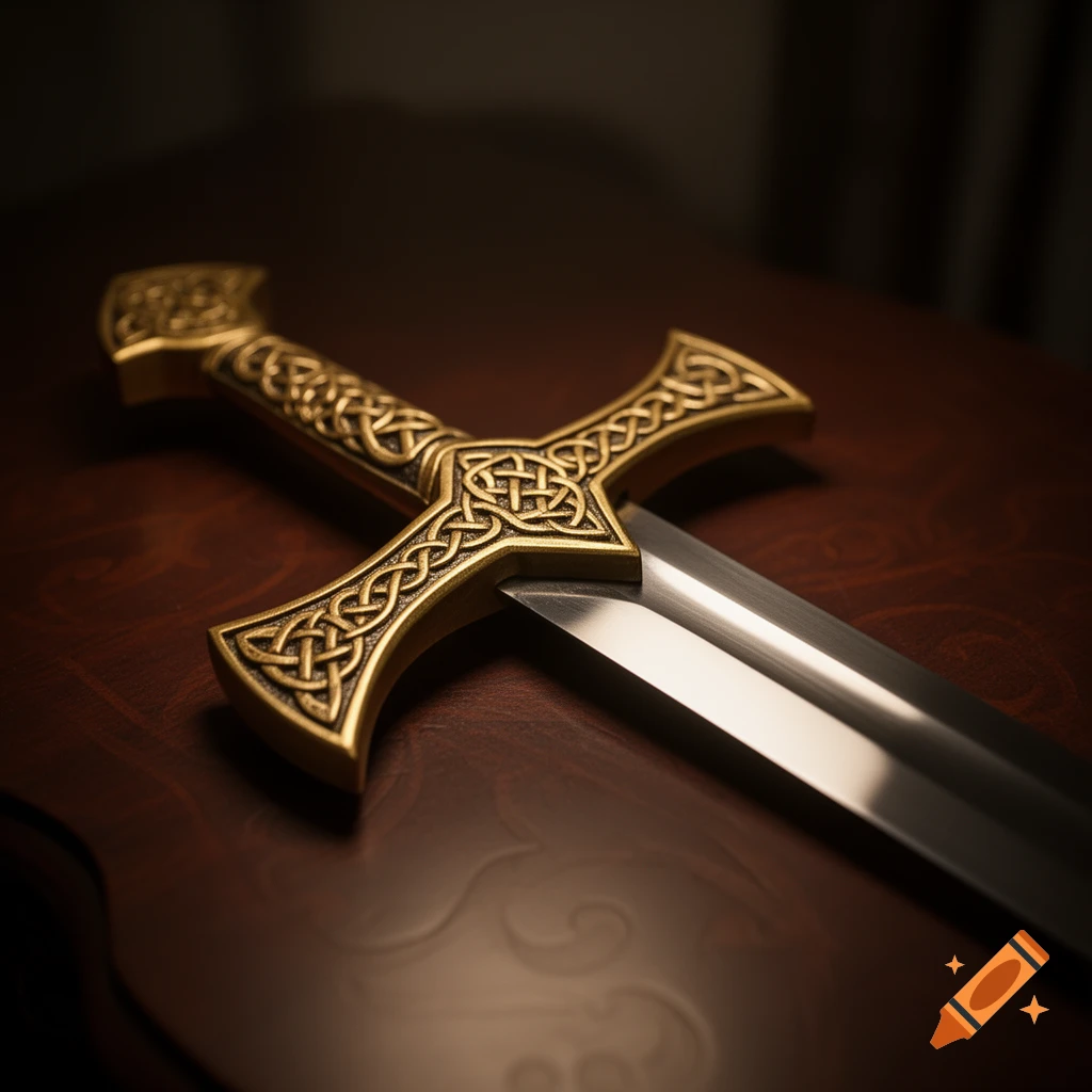 A close-up of a golden crosshilt sword with intricate celtic knotwork, lying on a dark wooden surface.