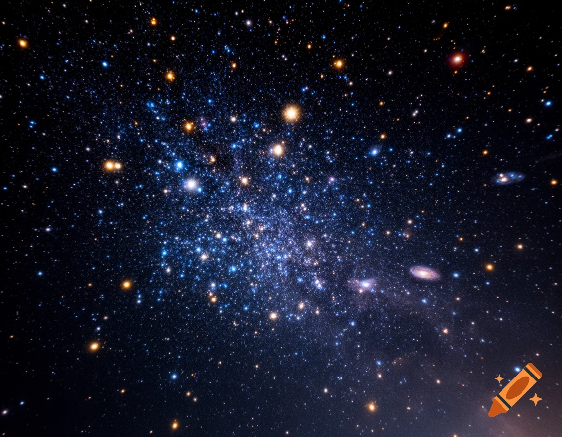 A dense cluster of bright blue and orange stars, with distant galaxies, against a dark night sky.
