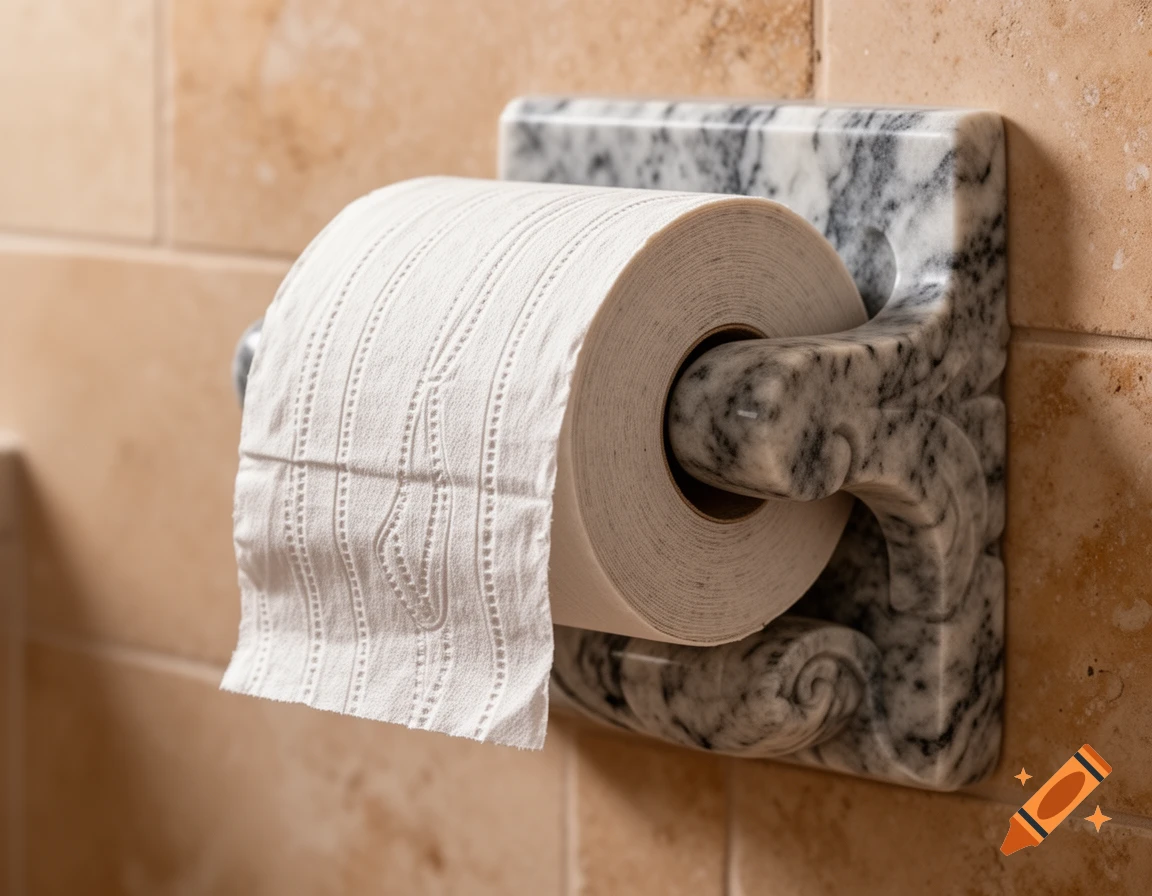 Close-up of a white toilet paper roll in a grey marble holder mounted on a beige tiled bathroom wall.