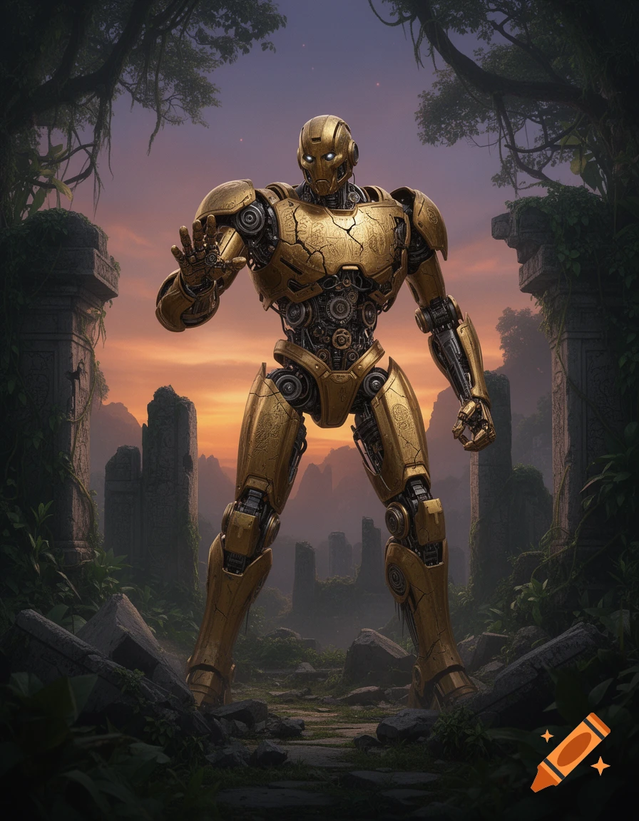 A detailed golden robot with cracked armor stands in ancient ruins against a sunset sky, one hand raised.