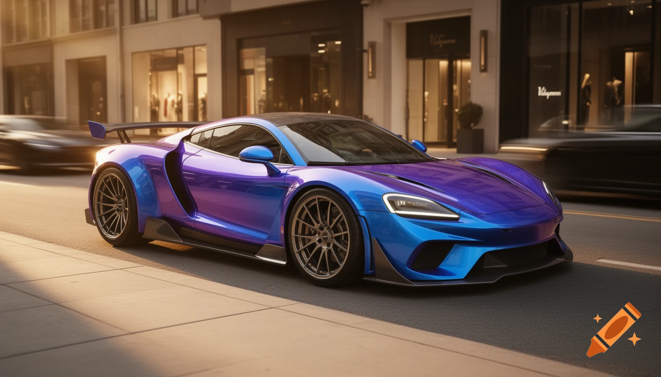 A vibrant purple and blue custom supercar with a widebody kit drives on a city street at sunset, passing blurred background vehicles and storefronts.