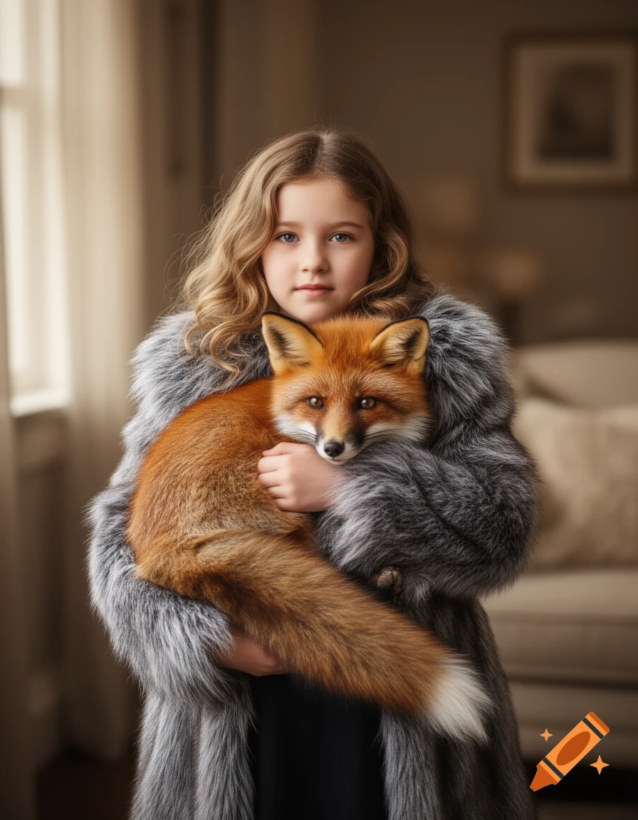 A young girl with long curly hair in a fur coat holds a red fox close. Photorealistic.