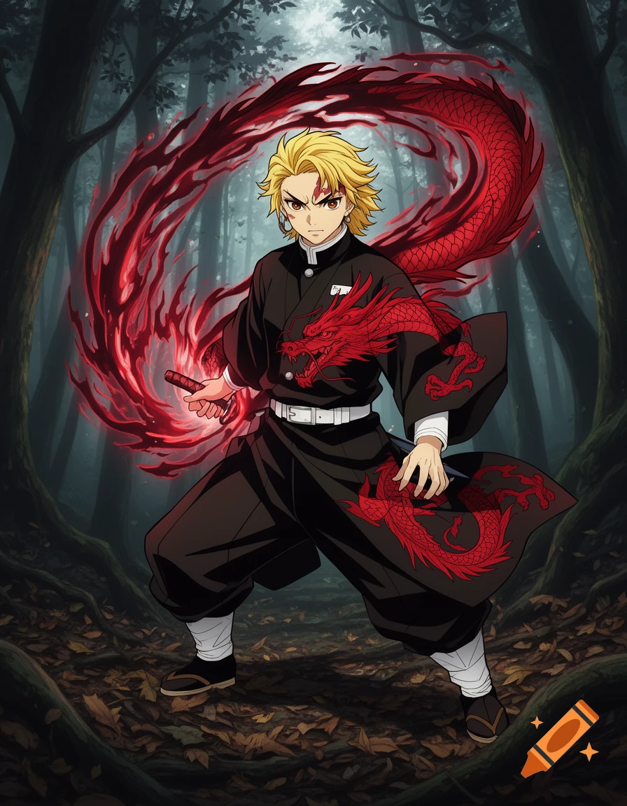 Blond-haired anime warrior in a black kimono with a red dragon design, holding a sword with red dragon energy in a dark forest.