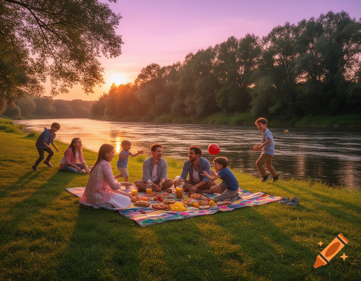 A family enjoys a riverside picnic at sunset, with children playing on the grassy bank. Photorealistic style.