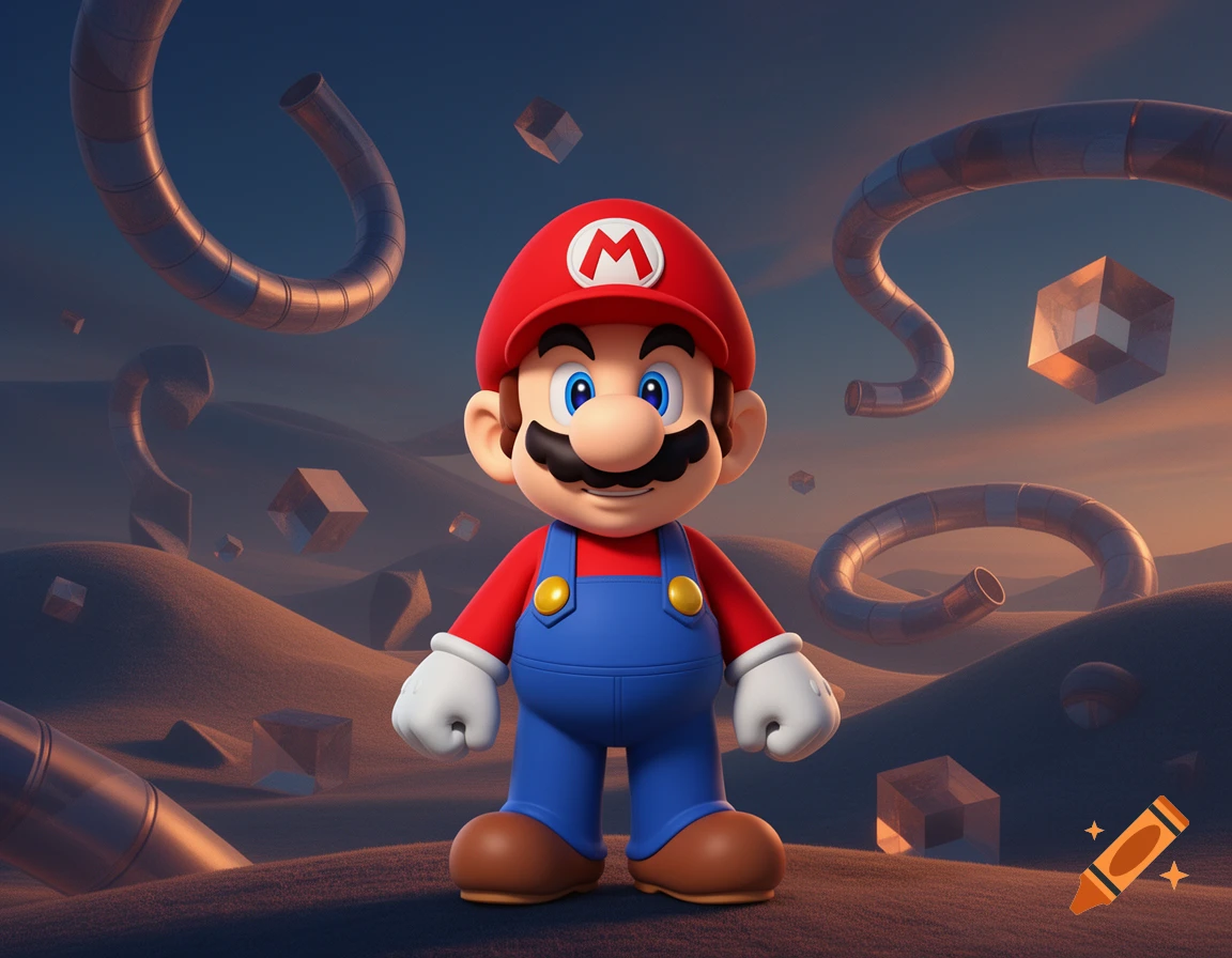 A 3D rendering of Mario stands in a surreal landscape with floating metal pipes and geometric cubes under a gradient sky.