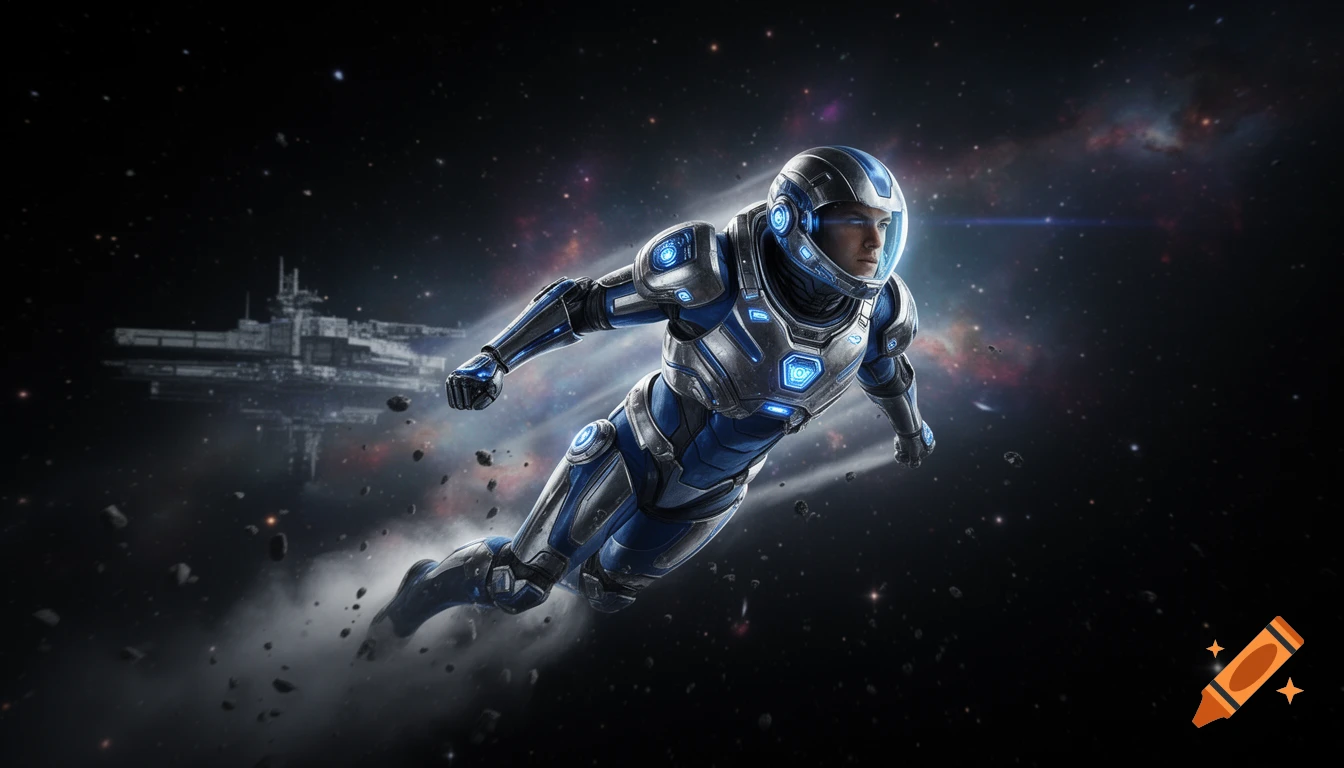 A futuristic space soldier in a blue and silver suit flies through deep space with a large battleship in the background.