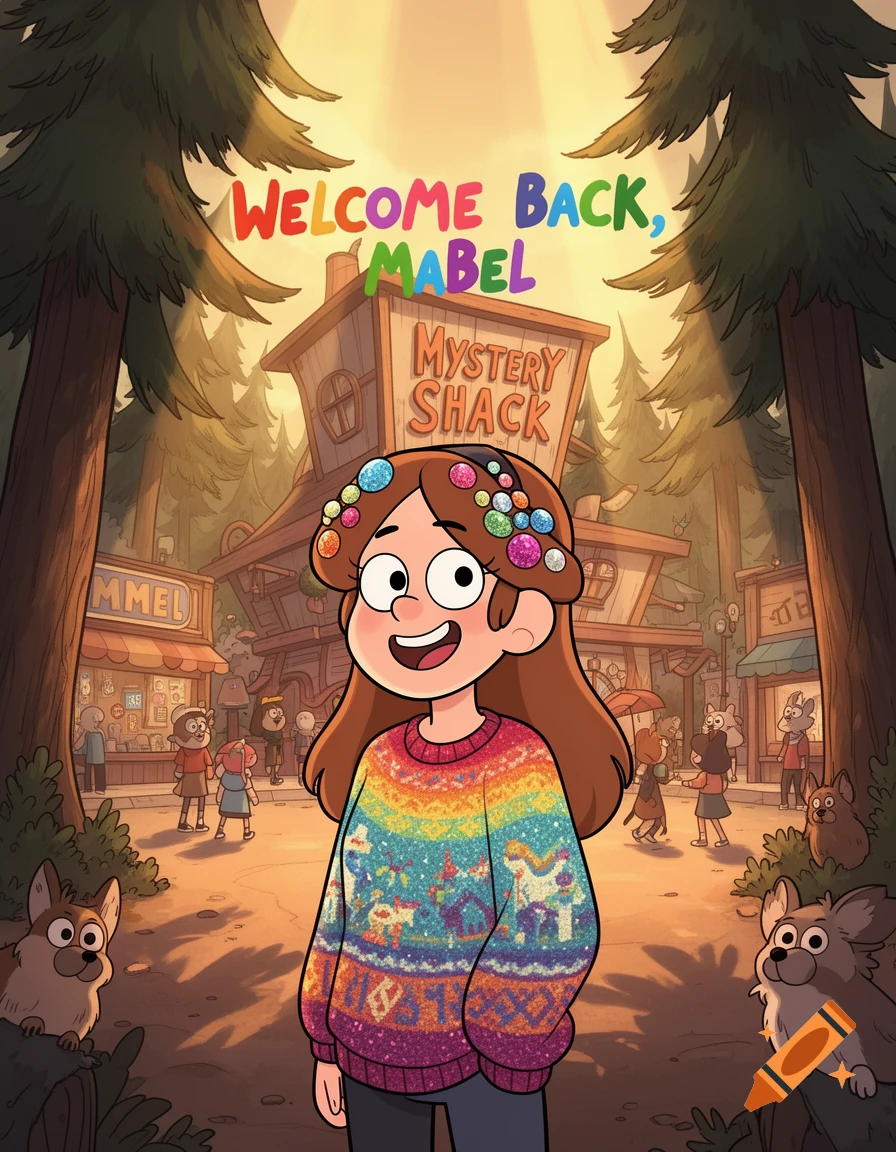 A cheerful, older Mabel Pines with glitter in her hair and a rainbow sweater stands in front of the Mystery Shack, surrounded by characters in a cartoon style.
