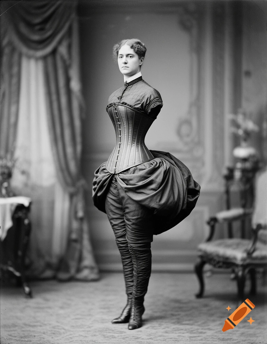 A black and white portrait of a woman in a tightly laced corset and bustle dress, standing in a historical studio setting.