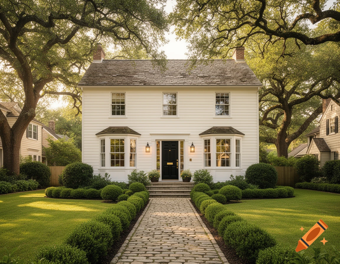 A two-story white house with a dark front door, flanked by bay windows, a green lawn, and a cobblestone path leading to the entrance. Large oak trees frame the house.
