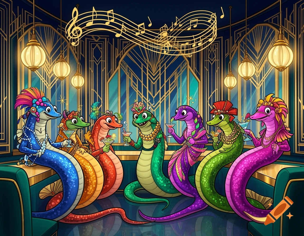 Seven brightly colored cartoon lizards dressed in jewelry and hats, holding cocktails at an Art Deco bar.