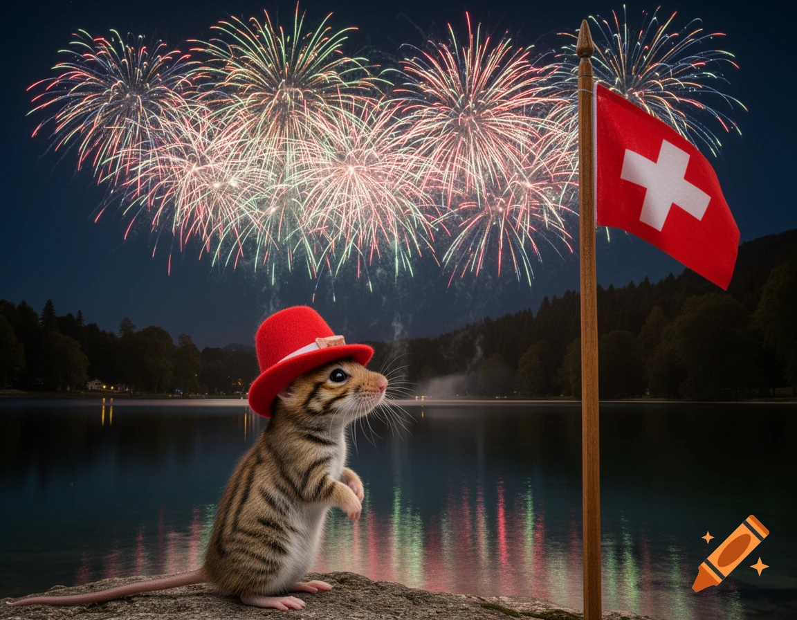 A cute striped mouse in a red hat stands on a rock by a lake at night, with fireworks exploding overhead and a Swiss flag on a pole.